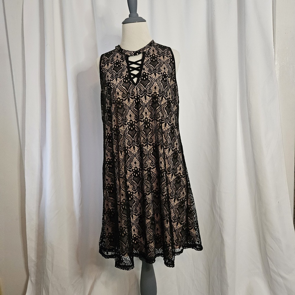 Wishful Park Shift A-line‎ Dress Women Size L Black Tan Lined Lattice Sleeveless